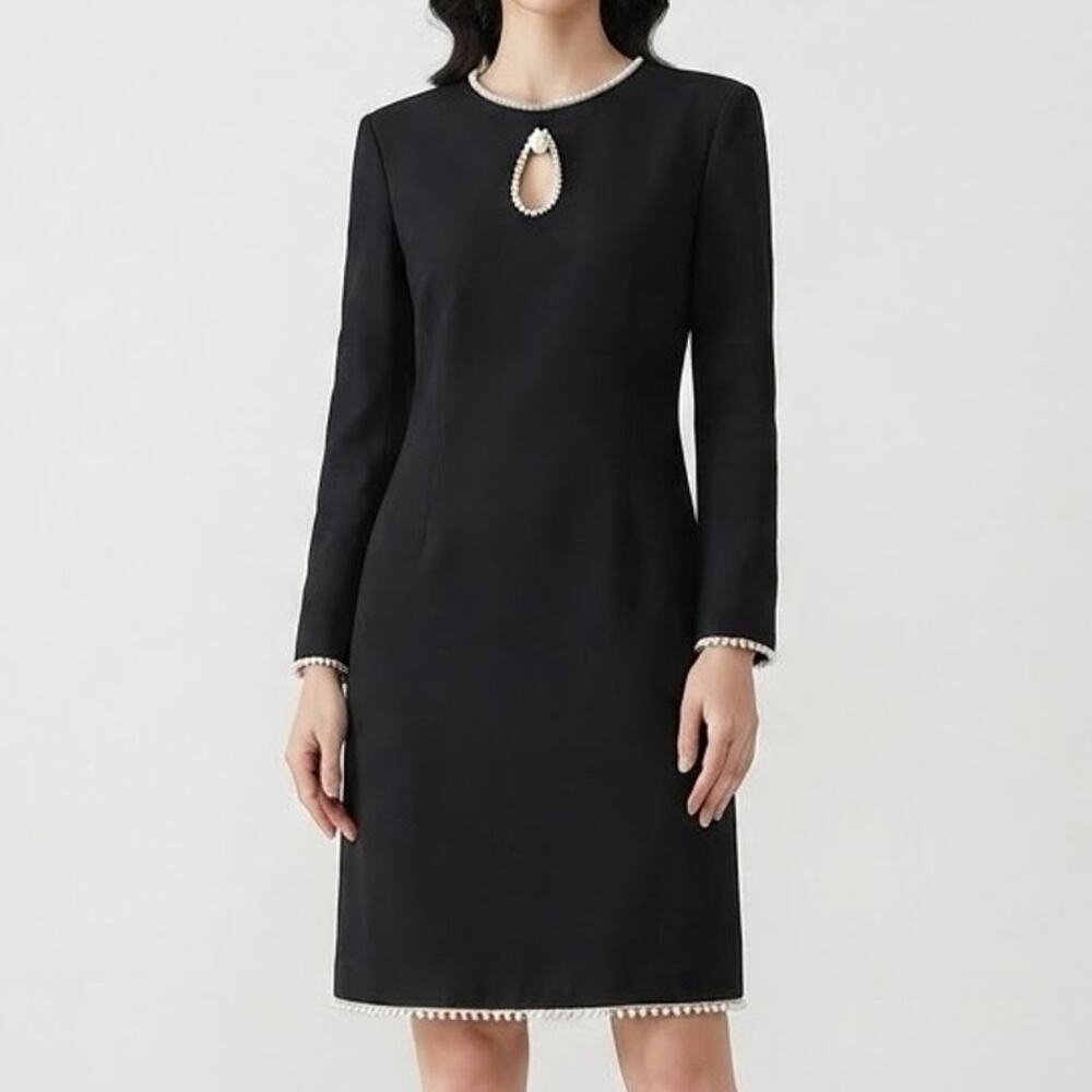 FEHAUTE Black Pearl Trim Keyhole Long Sleeve Sheath Cocktail Dress Size 4